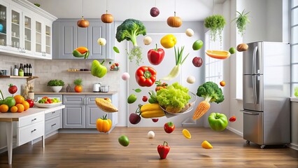 Imaginative healthy fruits and vegetables flying out of the refrigerator to the dining table, healthy, green, vegetable, fruit, organic, fresh, food, kitchen, refrigerator, flying