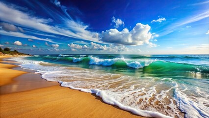 Wall Mural - Scenic view of beach waves under a clear blue sky, summer, beach, waves, blue skies, ocean, sea, sandy, coastline, nature, peaceful, tranquil, vacation, tropical, paradise, horizon, relaxation