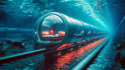 Wall Mural - A futuristic train is traveling through a tunnel under the ocean. The train is surrounded by a variety of sea creatures, including fish and coral. The scene is both beautiful and mysterious