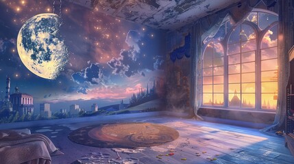 Wall Mural - A magical, surreal children's bedroom with a giant moon hanging from the ceiling and a beautiful starry sky painted on the walls. Unlimited reverie for illustrations or design.