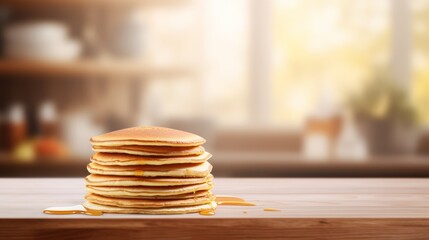 Wall Mural - Wooden table with a stack of pancakes, blurry kitchen background.,