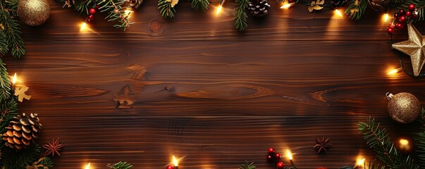 Wall Mural - With Abstract Snowfall, Fir Branches And Baubles Are Illuminated With String Lights On Dark Wooden Table