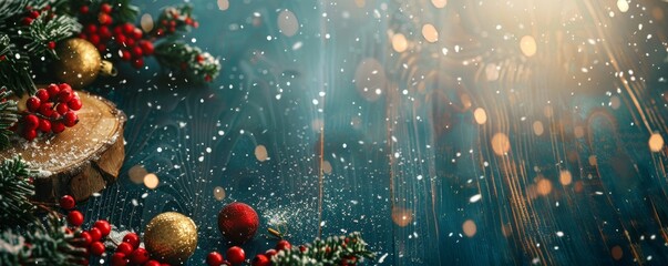 Wall Mural - Christmas Decoration - Fir Branches And Snow On A Wooden Table With Defocused Lights