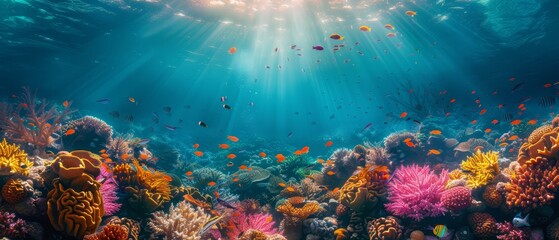 Wall Mural - Coral reef underwater, vibrant marine life, clear water, tropical beauty, copy space