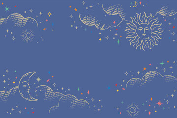Wall Mural - gold sun and crescent moon with face illustration, mystical night sky with colorful sparkle stars, v
