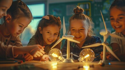 Poster - students learn about wind energy from a young teacher with a model of a wind turbine.