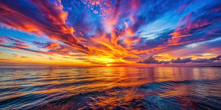 Vibrant sunset casting colorful hues over calm sea waters, sunset, sea, ocean, horizon, peaceful, tranquil, scenic, nature, dusk, evening, landscape, picturesque, beauty, reflection, sky