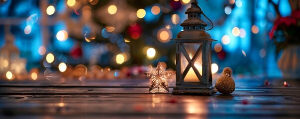 Poster - Luminous Lanterns and Christmas Trees with String Lights On Table. Bokeh and Glitter Effects.