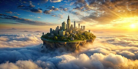 Sky island cityscape floating above the clouds , fantasy, futuristic, clouds, architecture, buildings, aerial view, skyline, metropolis, urban, sky, picturesque, fantasy world, surreal