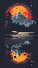 Wall Mural - Mountains, lake and forest. Vector illustration in retro style.