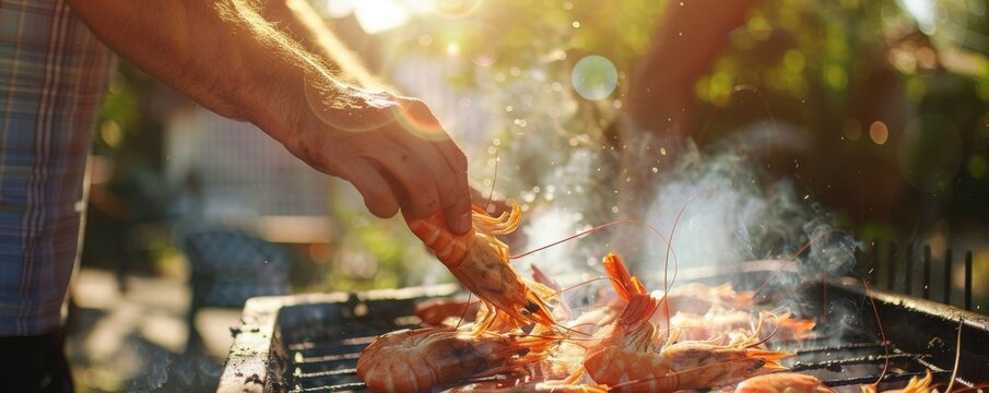 On a backyard barbecue grill, an unrecognizable man cooks seafood.