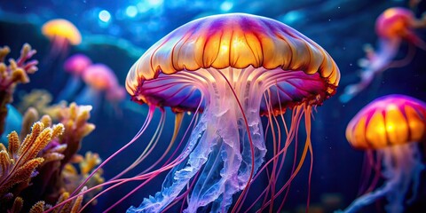 Wall Mural - A mesmerizing jellyfish floating gracefully in a vibrant aquarium , underwater, marine life, ocean, sea creature, translucent, graceful, swimming, elegant, fluid, peaceful, beauty, tentacles