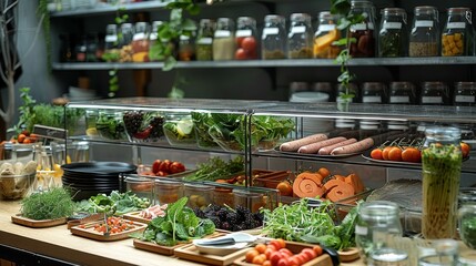 Poster - Glass showcase with food, inside plates with salad on different levels, vegetables in glass vases, sausages, slicing, minimalism, exhibition, kitchen island, restaurant aesthetic. Generative AI.