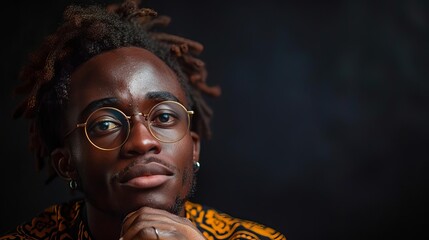 African American young man wearing eyeglasses isolated on dark background with hand on chin thinking about question, pensive expression Doubt concept