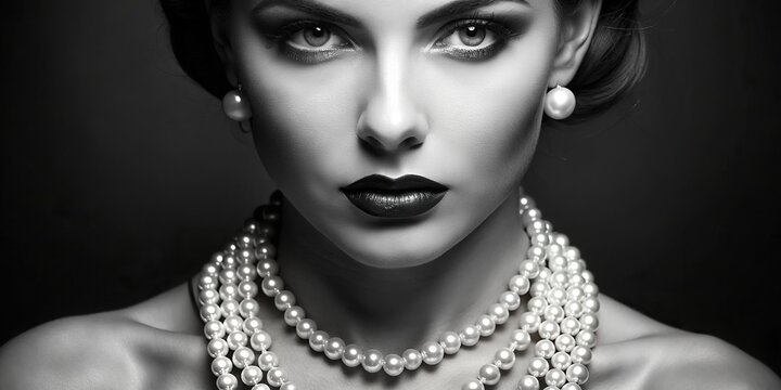 Monochrome close-up portrait of elegant woman with pearls, monochrome, close-up, portrait, elegant, woman, pearls, black and white, classic, beauty, sophisticated, fashion, stylish