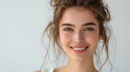 Wall Mural - An image of a woman looking at the camera with a smile on a white background