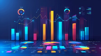 Wall Mural - A graph chart showing sales growth and the stock market is displayed on a blue background.