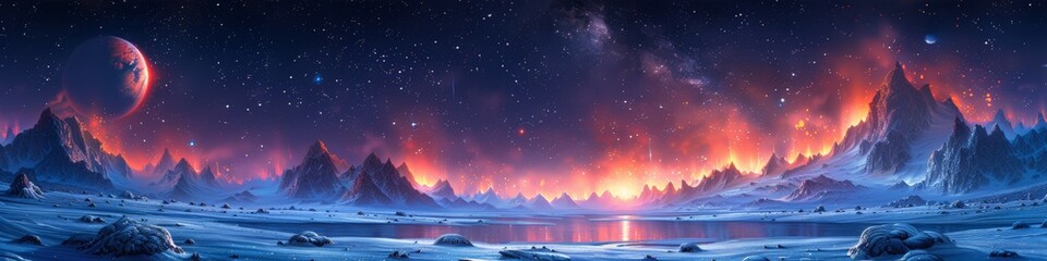 Wall Mural - Snowy landscape painting with mountains, lake at night