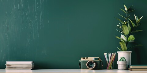dark green wall and home office desk with supplies, pencils, house figure, boxes, plant pots. creati