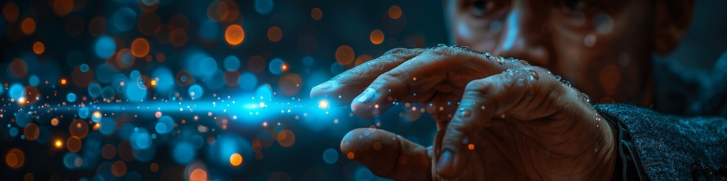 A man is holding a blue light in his hand underwater