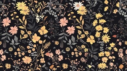 Wall Mural - Elegant seamless pattern of hand-drawn flora in pastel black, yellow, and pink shades