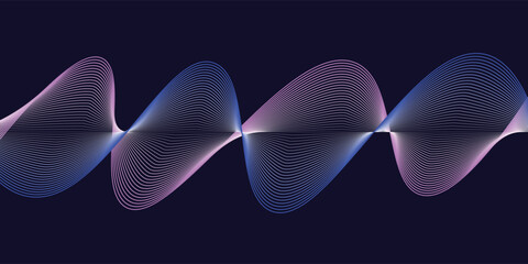 Dark abstract background with glowing wave. Shiny moving lines design element. Modern purple blue gradient flowing wave lines. Futuristic technology concept. Vector illustration