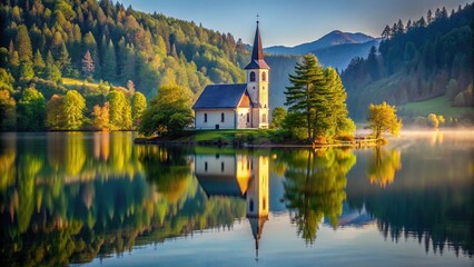 Lonely church standing in the middle of a tranquil lake surrounded by nature , church, lake, reflection, serene, peaceful, landscape, water, isolated, scenic, picturesque, remote, tranquil