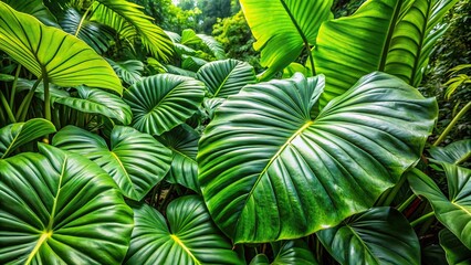 Wall Mural - Close up of large tropical leaves in a lush forest setting , foliage, green, nature, giant, exotic, vibrant, botanical, jungle, flora, plant, natural, texture, environment, close up, fresh