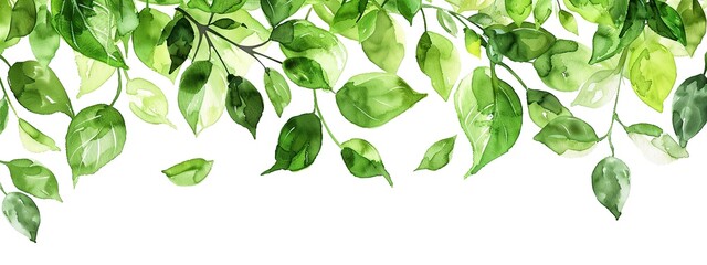 Hand drawn and watercolor green leaves isolated on white background