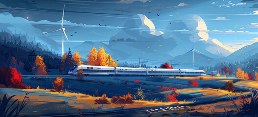 Poster - Flat design illustration of a rural landscape with a train and wind turbine. Generative AI.