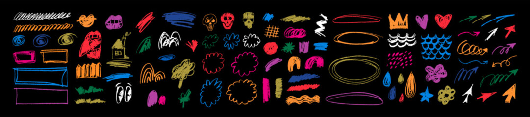 Wall Mural - playful kids crayon squiggles. bright chalk punk style doodle icons. naive arrows, swirls, spirals, 