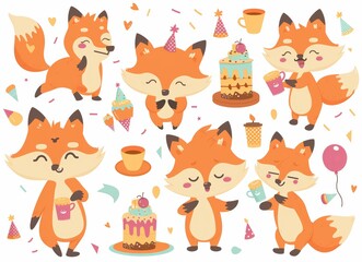 Wall Mural - Animal character cartoon with fox muzzle. Orange fluffy wild animal poses and emotions.