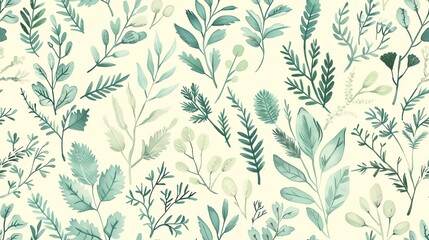 Charming seamless pattern of hand-drawn flora in soft pastel green and blue