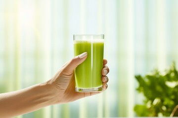 Wall Mural - A celery juice with a blurred person in the background enjoying the drink, against a bright and airy backdrop