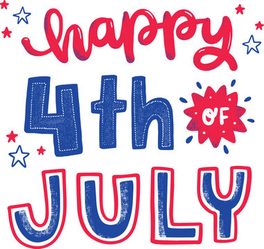 Happy 4th of July - hand-writing, calligraphy, typography, lettering. Vector isolated on white brush stroke background. For greeting card, badge, label, banner, poster, sticker.