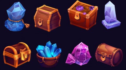 Wall Mural - A treasure chest or bag with gem stones. A wooden trunk or sack with blue crystals. Trophy growth, level rewards, pirate loot, fantasy assets, gui elements. Cartoon modern illustration and set of