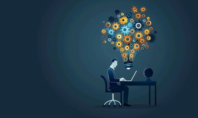 Poster - The hand of an entrepreneur holds a lightbulb with a glowing virtual brain and lines connecting to creative thinking and innovation for inspiration and innovation.