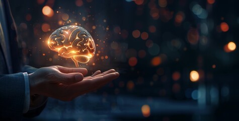 Poster - Hand holding brain, Artificial Intelligence, AI Technology, thinking concept.