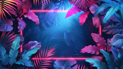 Wall Mural - A digital illustration of a neon frame with intricate patterns of tropical leaves, creating a captivating and dynamic look.