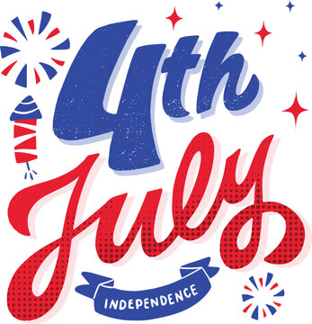 Happy 4th of July - hand-writing, calligraphy, typography, lettering. Vector isolated on white brush stroke background. For greeting card, badge, label, banner, poster, sticker.