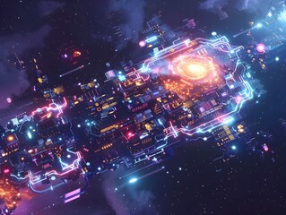 Poster - Stunning depicting a futuristic cosmic tech galaxy composed of intricate glowing digital components circuits and data structures showcasing the power of innovation artificial intelligence