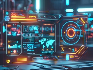 Poster - Futuristic abstract of an Augmented Reality interface featuring holographic dashboards information displays data visualizations and various UI elements  The interface showcases an advanced