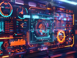 Poster - Futuristic Augmented Reality Interface with Holographic HUD Display and Data Visualization Elements  Abstract featuring a high tech digital dashboard with various analytics infographic