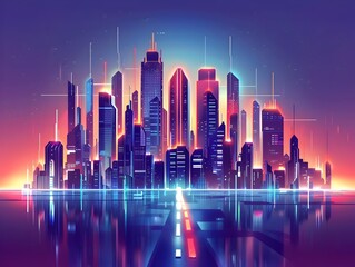 Poster - vibrant and futuristic city skyline with neon lights skyscrapers and glowing reflections in the wate