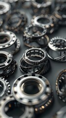 Poster - Interconnected Tech Rings A 3D rendered image showcasing an abstract design of interconnected metallic mechanical parts and components in a sleek industrial style background