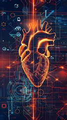 Poster - Futuristic depicting a heartbeat represented by pulsing lines and rhythmic digital circuits symbolizing the of technology and the human body  The design features a vibrant