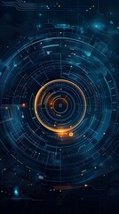 Poster - Futuristic concentric circles with tech elements like data algorithms and digital information in an abstract digital landscape  The image has a minimalist modern and high tech feel