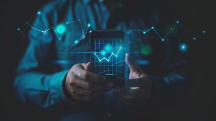 Wall Mural - Conceptual image of a businessman holding a phone with a virtual trading graph. Stock market, profits, and increasing business. Businessman showing a growing virtual hologram stock, invest in a