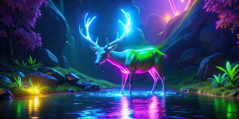 Neon color deer drinking water in a vibrant natural setting , wildlife, animal, nature, deer, vibrant, neon, color, drink, water, pond, forest, trees, glowing, bright, vibrant, surreal