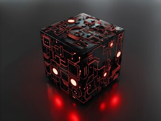 Poster - A 3D rendered cube with intricate futuristic technology patterns and glowing neon like circuits creating a visually striking and innovative digital art or abstract design concept